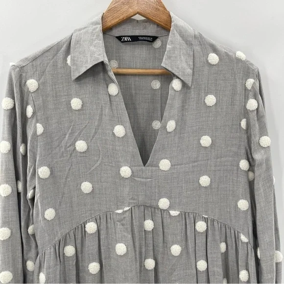 Zara Pom Polka Dot Babydoll Mini Contrast Dress Gray White Shirt Size Medium - Picture 3 of 15
